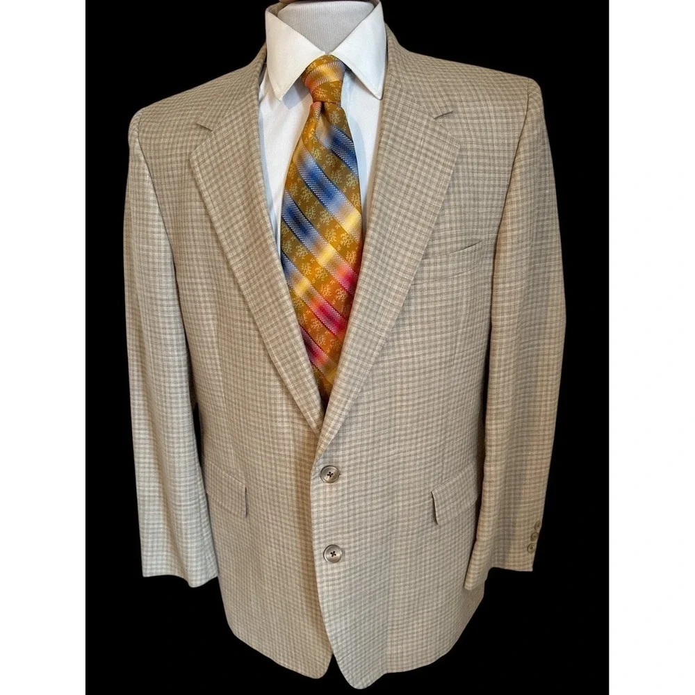 Vtg Kingsridge Beige Plaid Lightweight Sport Coat Blazer Jacket USA Made Sz 44R